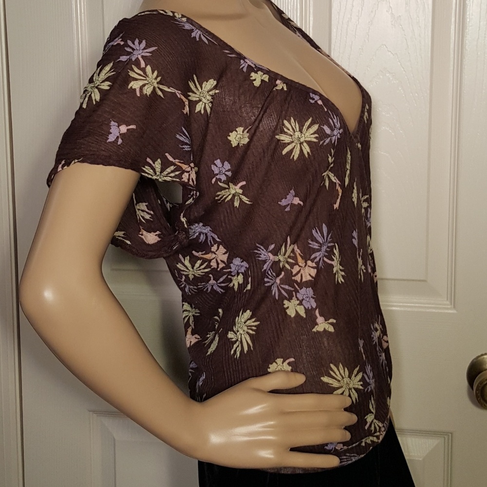 Free People Gauzy Brown Floral Short Sleeve Top - Picture 2 of 8